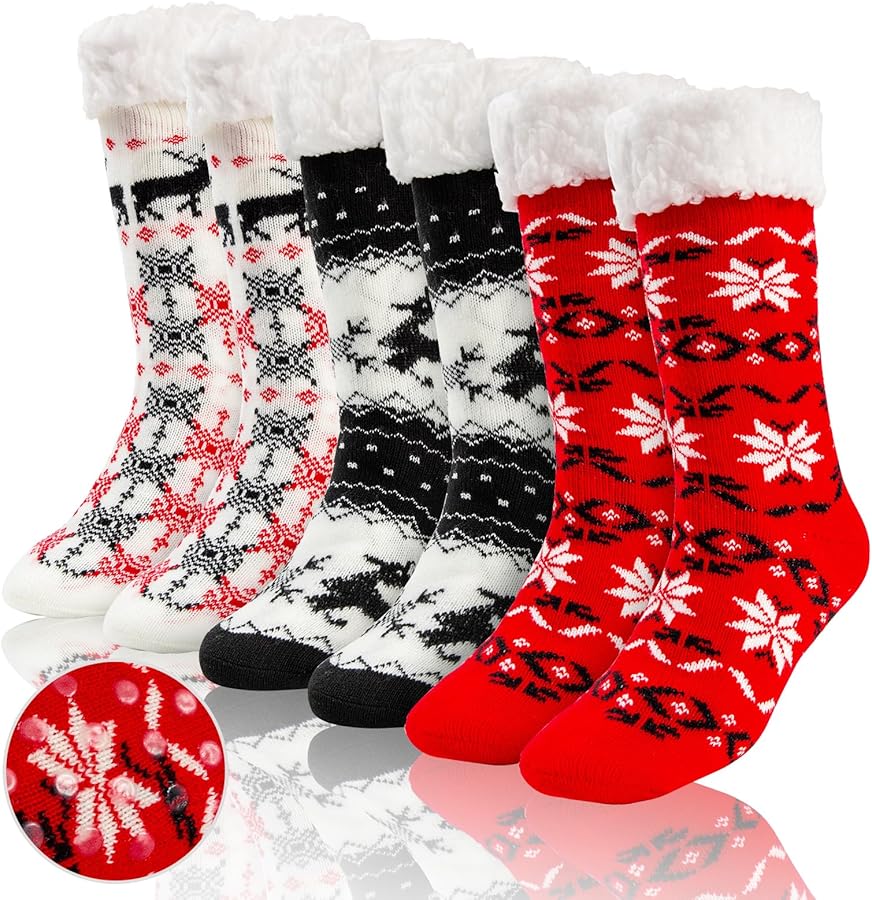 3 Pairs Christmas Fuzzy Warm Fluffy Slipper Socks for Women Men Winter Soft Sherpa Fleece Lining Sleeping Socks with Grippers Non Slip Indoor Xmas Unisex Funny Moose Socks, One Size