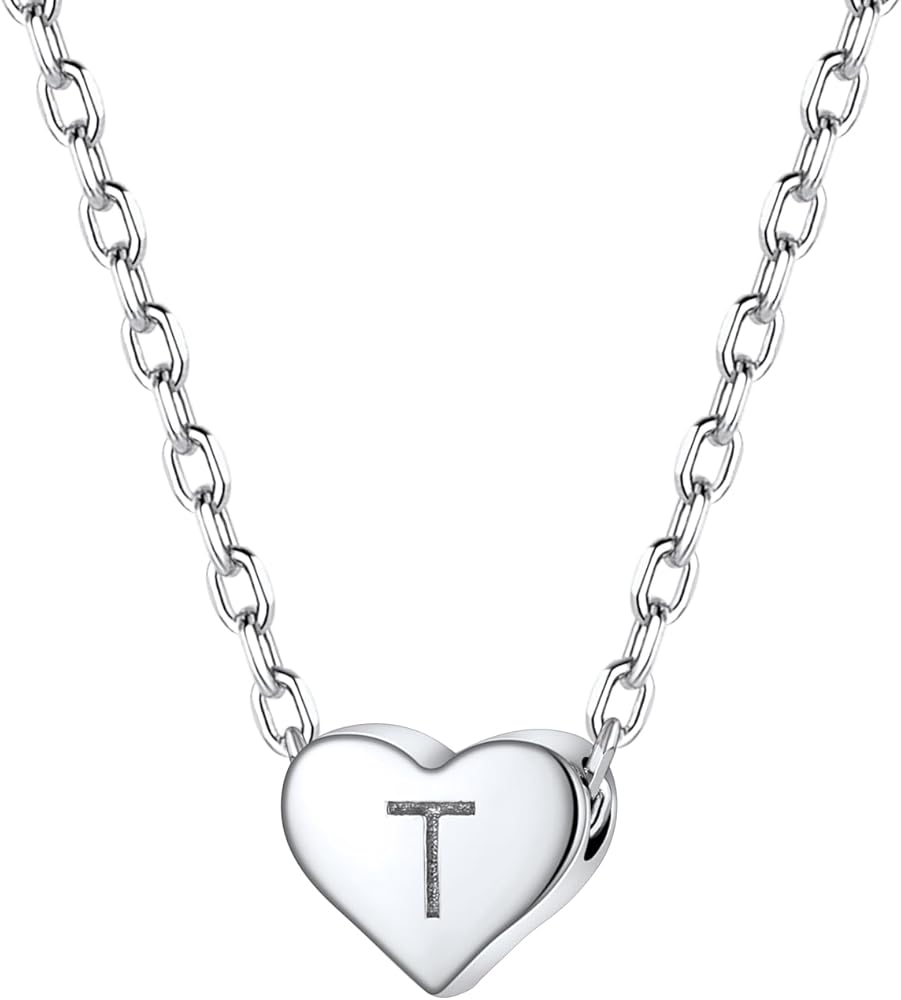 SILVERCUTE Tiny Initial Necklaces 925 Sterling Silver Letter A-Z Letter Pendant for Women Lovers Heart Choker Necklace 16"+2"