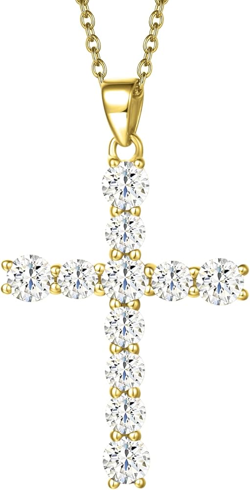 Carleen Cross Necklace For Women Yellow Gold Plated Sterling Silver Cubic Zirconia CZ Simulated Diamond Cross Crucifix Pendant Necklace Jewelry Easter Gift for Women, 18" Silver Chain Nice Gifts Jewelry Box
