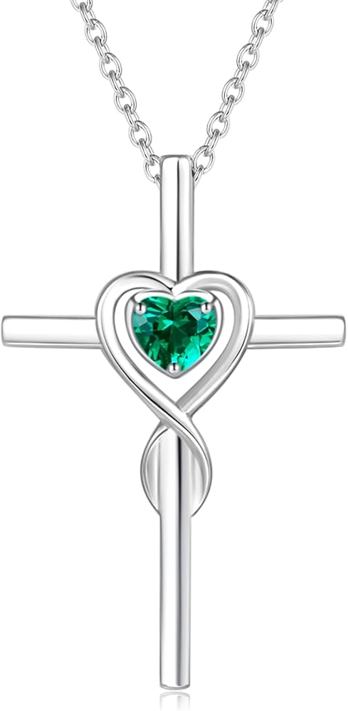 FANCIME Birthstone Cross Necklace for Women Birthstone Necklace Heart Infinity Cross Pendant Necklace Fine Jewelry Christmas Valentines Day Gifts Birthday Holiday Gifts for Her, 16"+2" Inches