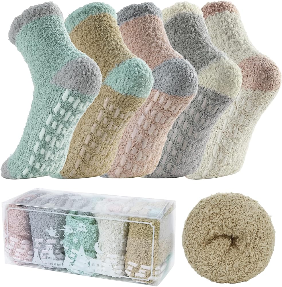 Fuzzy Socks for Women with Grips No Slip Hospital Socks Warm Fluffy Socks Winter Slipper Socks Soft Cozy Socks Grippy Plush Socks Christmas Gifts Presents 5 Pairs Splice