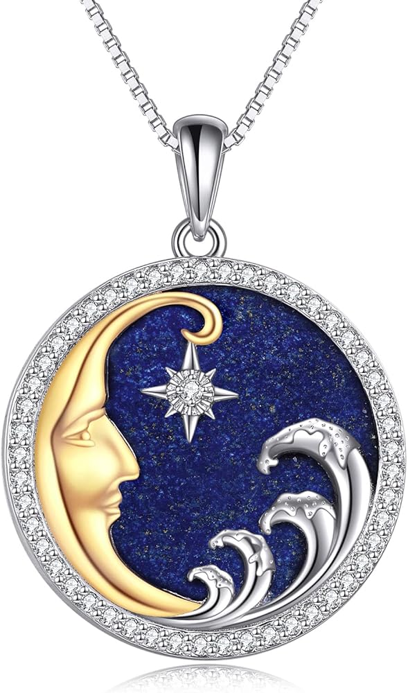 Moon/Lighthouse Necklace 925 Sterling Silver Abalone/Lapis Lazuli Lotus Flower Necklace for Women Crescent Jewelry Gift