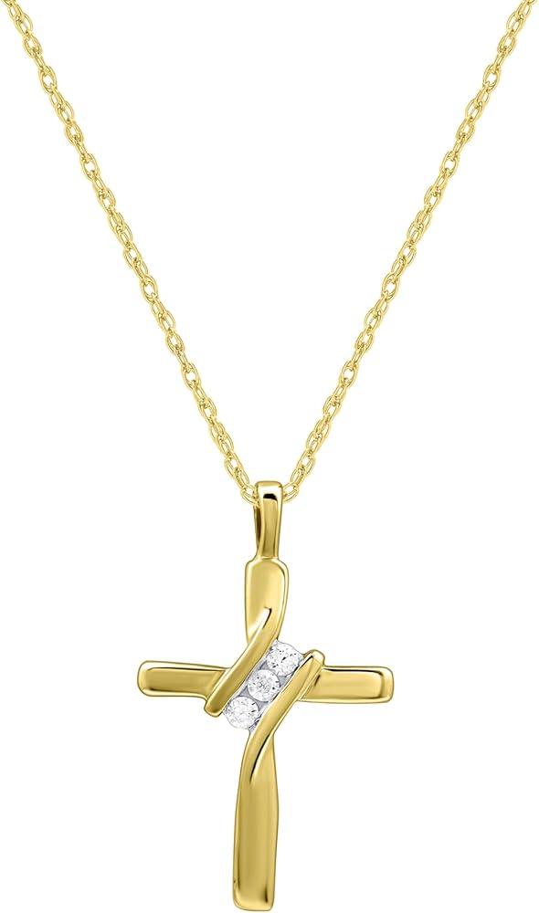 GILDED Small 10 Karat Yellow Gold Natural Round-Cut Diamond Accent 3 Stone Cross Pendant with an 18 Inch Chain