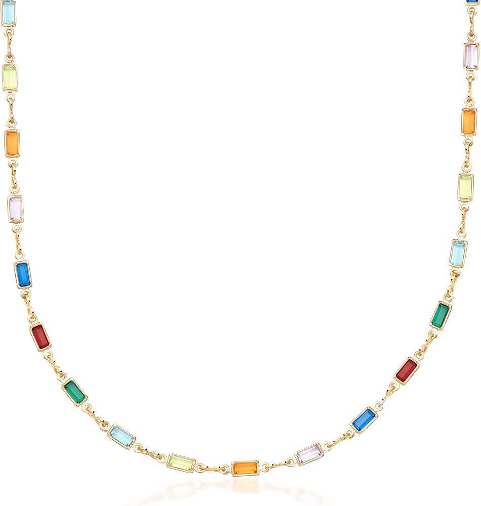 Barzel 18K Gold Plated Multi Stone Crystal Baguette Necklace for Women - Made In Brazil