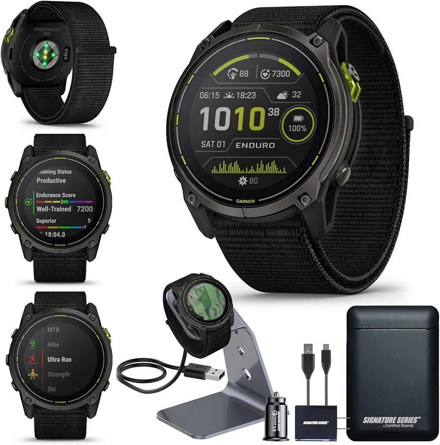 Garmin Enduro 3 Ultraperformance GPS Smartwatch | Extreme Battery Life, Detailed Mapping, LED Flashlight, Solar, Touchscreen, for Running and Fitness | with Signature Series Power Bundle