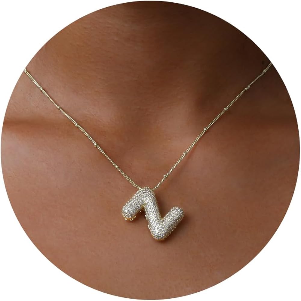 Apsvo Bubble Letter Necklace Gold, A-Z Balloon Initial Necklaces Rhinestone Puff Letter Pendant Chunky Alphabet Necklace for Women