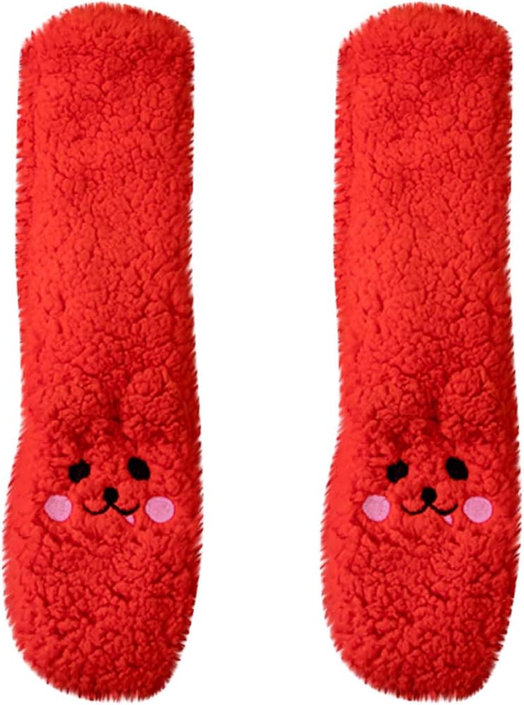Fluffy Soft Warm Socks for Women, Plush Comfy Non Slip Socks Home Sleep Casual Socks Cute Print Thick Slipper Socks