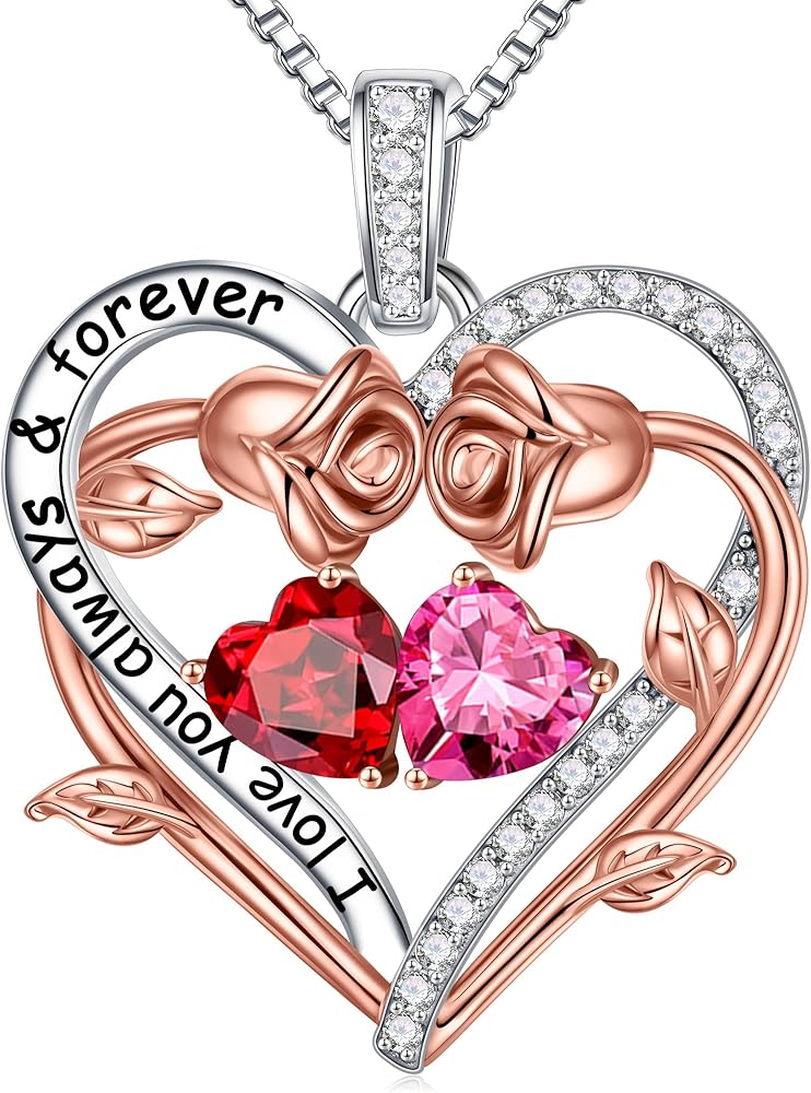 Iefil Rose Heart Double Birthstone Necklace Gifts for Wife Girlfriend Her Women, Birthstone Jewelry Gemstone Valentines Day Birthday Gifts for Mom Grandma Her Wife Women