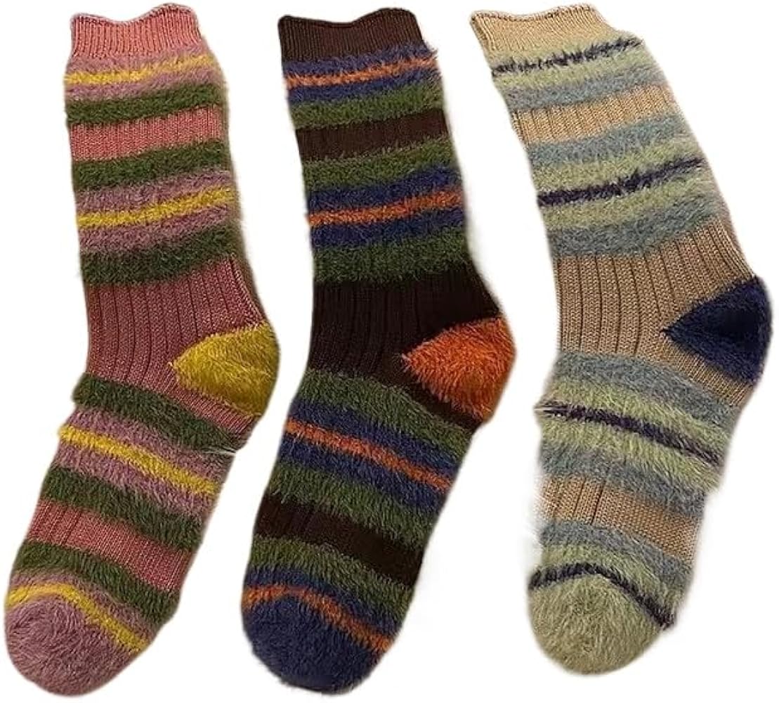 Striped Y2K Fuzzy Socks for Women Fluffy Cozy Socks Cutecore Sleep Warm Socks Breathable Thermal Socks 3 Pairs Package