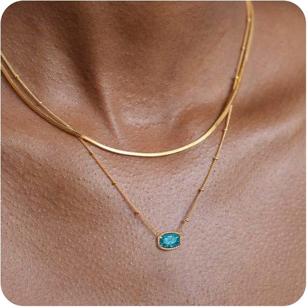 Birthstone Necklace for Women Gold Layered Necklaces Trendy 14K Gold Plated Dainty Crystal Pendant Necklace Simple Thin Snake Chain Jewelry Gifts for Women Birthday