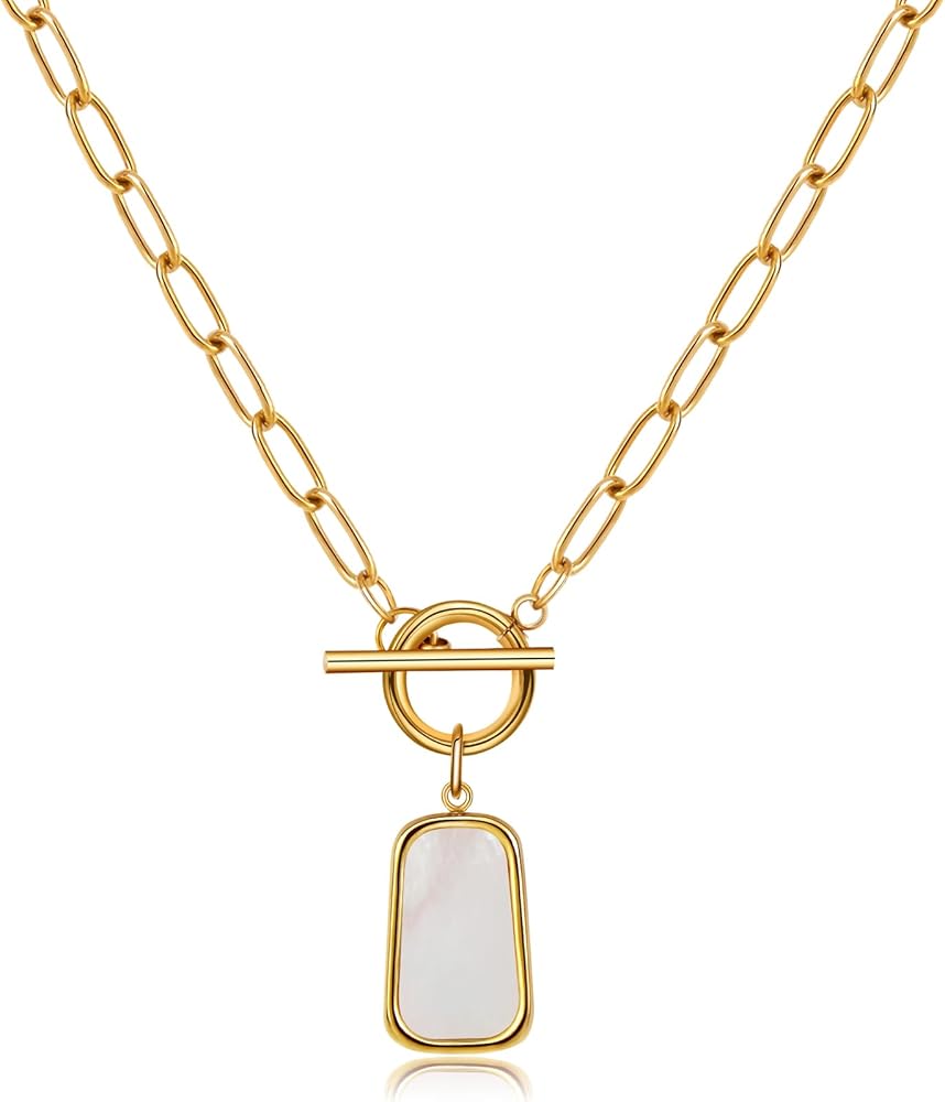 Natural White Sea Shell OT Buckle Long Plate Pendant Necklace For Women Trendy Elegant in Color and Luster Titanium Steel Electroplated with 18K Gold Necklace