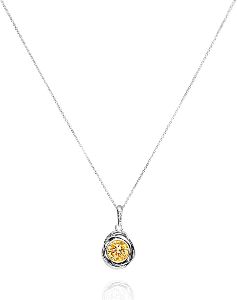 JEAN RACHEL JEWELRY 925 Sterling Silver Pendant Necklace with Round Cubic Zirconia - Wire Wrapped Bezel Vintage Design - Hypoallergenic, Nickel & Lead-free - Artisan Handcrafted Designer Collection