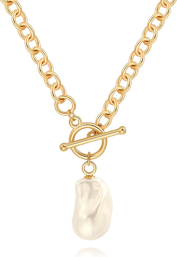18k Gold Chain Link Necklace for Women, Baroque Pearl/Compass Pendant Necklace