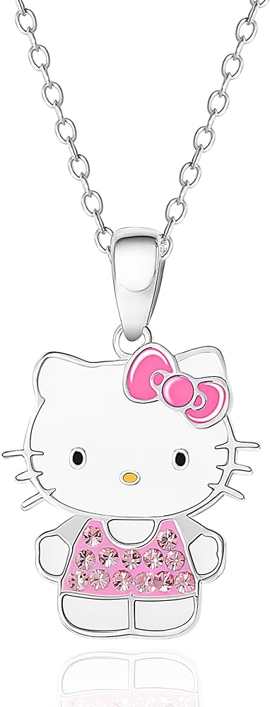 Hello Kitty Sanrio Womens Necklace Official License - Silver Plated Necklace with Enamel and Crystal Pendant