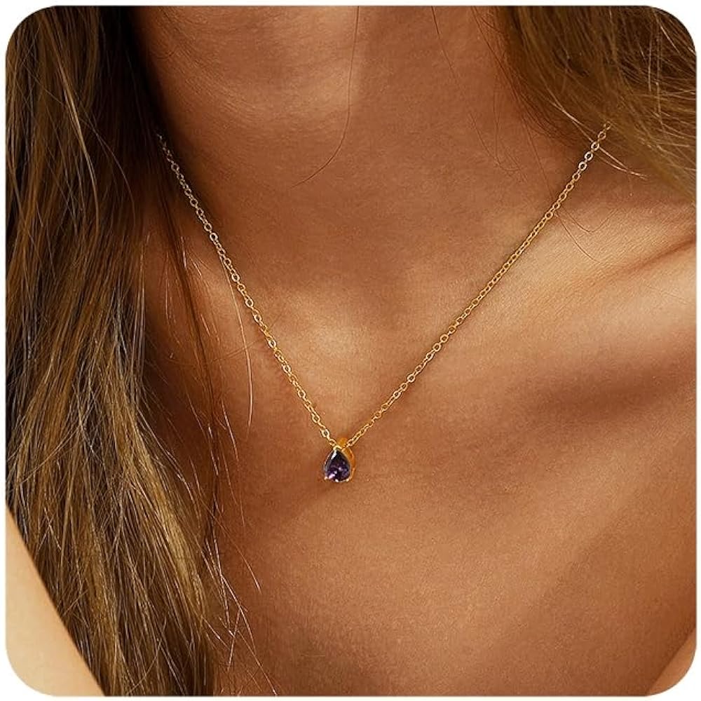 RLMOON Diamond Birthstone Necklace for Women Dainty Gold Necklaces 14K Gold Plated Cubic Zirconia Tearderop Pendant Necklace Red Emerald Blue CZ Choker Necklace Trendy Jewelry Birthday Gift