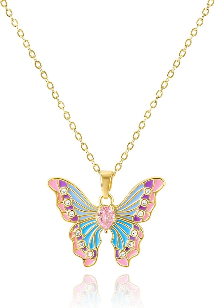 Colorful Butterfly Pendant Necklace for Women Enamel Butterfly Pendant Choker Necklace Adjustable Gold Chain Insect Fairy Butterfly Statement Necklace Party Spring Summer Jewelry Gift for Women