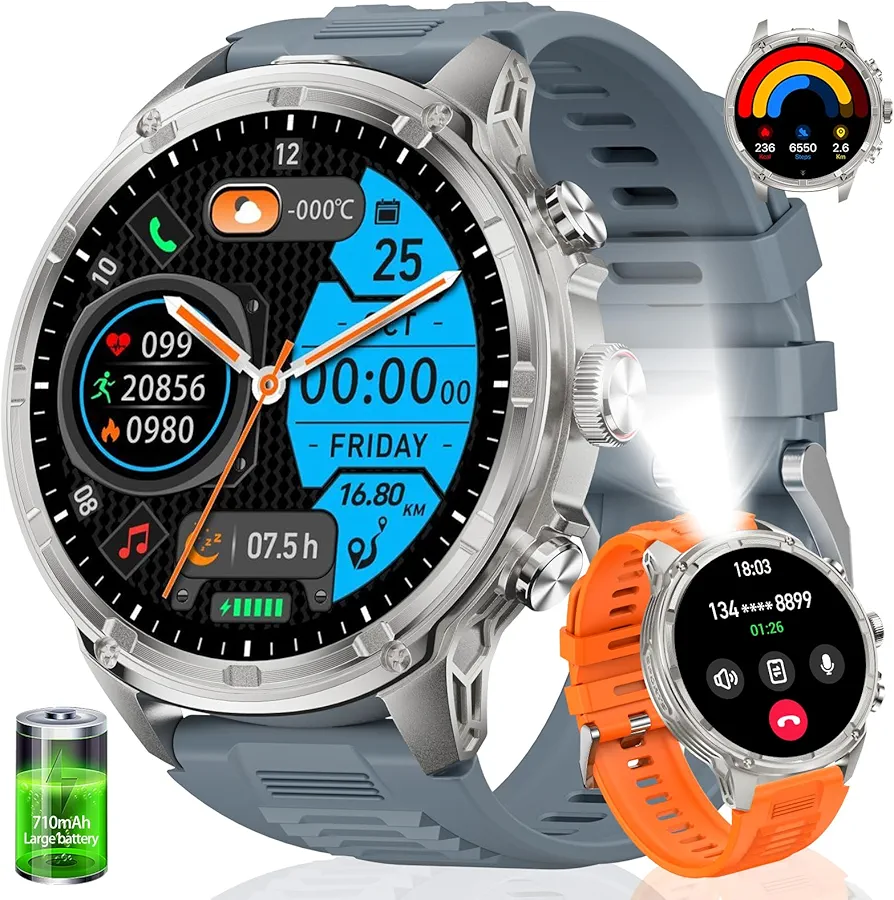 Smart Watches for Men(Answer/Make Calls) with LED Flashlight, 1.85" IPS Screen Sports Smartwatch,710mAh Battery,Heart Rate/SpO2/Sleep Monitor IP68 Waterproof Fitness Tracker for Android iOS,Sliver