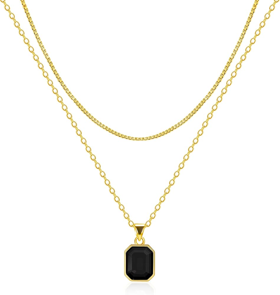 Lourny Gold Layered Crystal Necklace for Women, 18K Gold Plated Choker Emerald Green Dainty Chain Trendy Statement Necklace Jewelry for Women Gifts