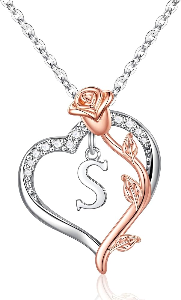 M MOOHAM Rose Heart Necklaces for Women - Heart Initial Pendant Necklaces for Women Jewelry Christmas Valentines Anniversary Birthday Gifts for Her Mom Wifefriend Daughter