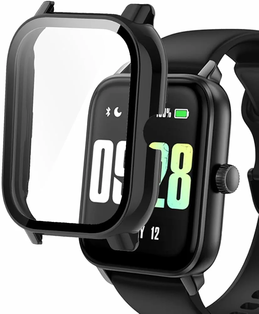Watch Cases Compatible with KEEPONFIT IDW21 1.85” Veryfit Smart Watch, Hard PC Case with Tempered Glass Screen Protector (Black)
