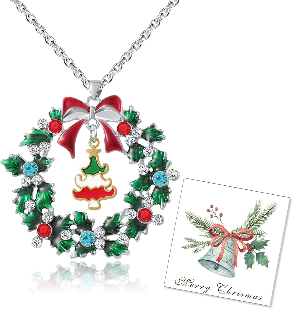 Christmas Necklaces for Women - Glitzy Rhinestone Xmas Wreath Bell Pendant Necklace Holiday Jewelry Gift
