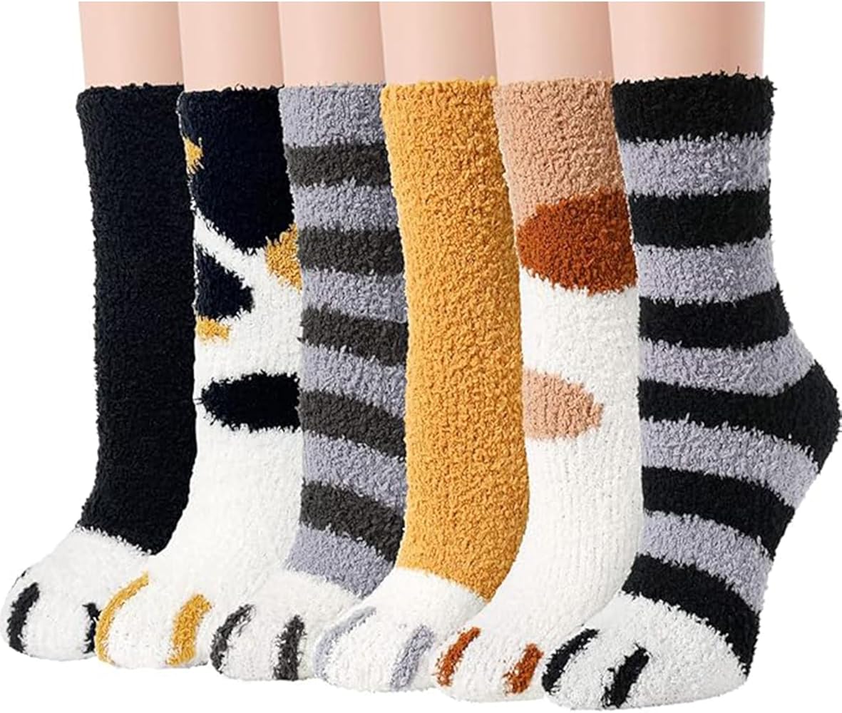 6 Pairs Thicker Warm Fuzzy Socks Non Slip Fluffy House Cozy Sock Indoor Comfy Slipper Cabin Plush Stocking Feet Warmers Stuffer - Winter Sleep Home Adult Cute Socks Christmas Gift for Girls