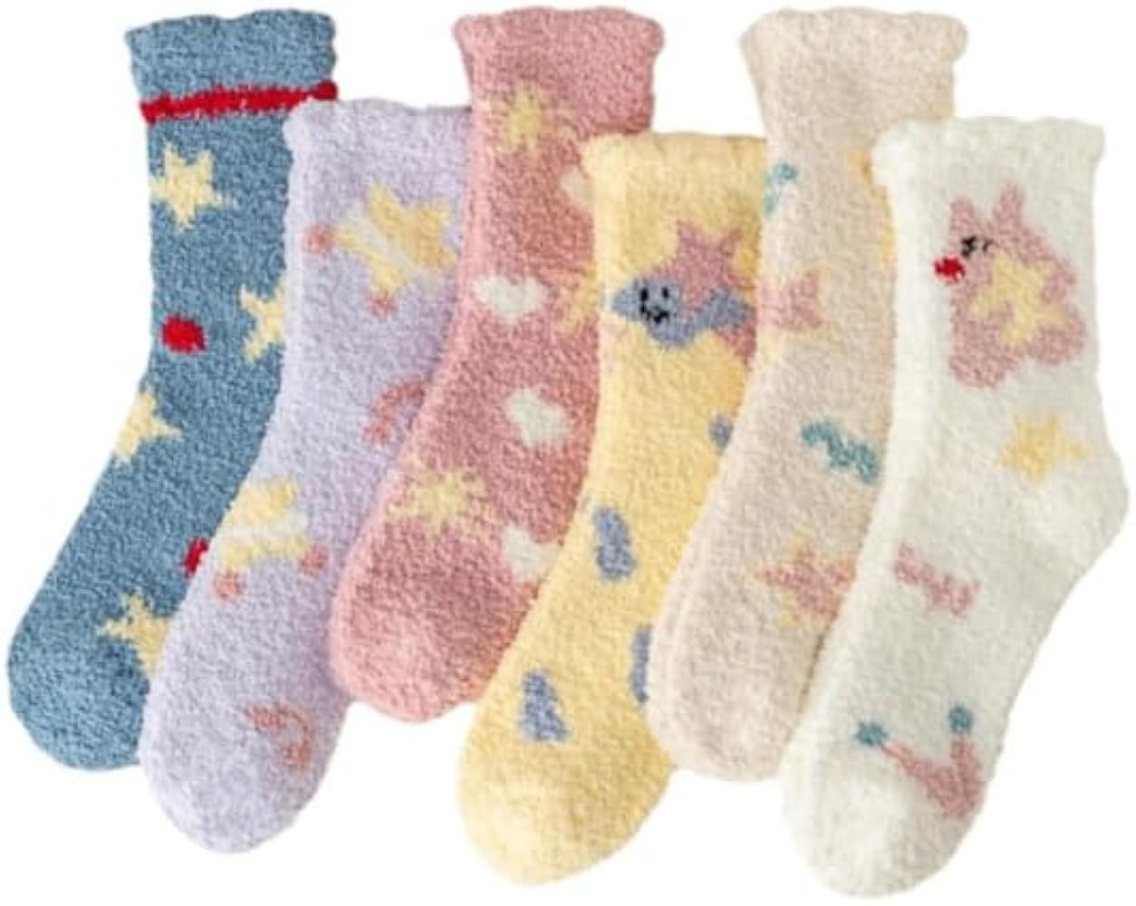 Kelabia 6 Pairs Cute Y2k Star Socks, Womens Fuzzy Socks, Aesthetic Fluffy Long Socks, Preppy Cozy Thick Winter Warm Socks
