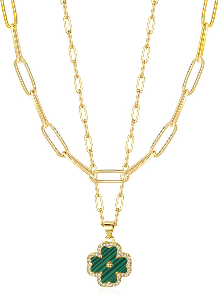 Four Leaf Clover Pendant Necklace Double Layer Chain 14K Gold Plated Birthday Valentine's day Jewelry Gift for Women Wife