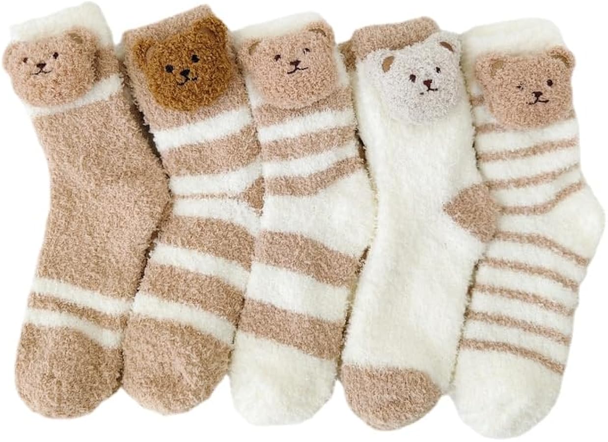 Kelabia Womens Fuzzy Socks 5 Pair Cute Bear Slipper Socks Warm Animal Cozy Thick Fluffy Socks Kawaii Winter Long Socks