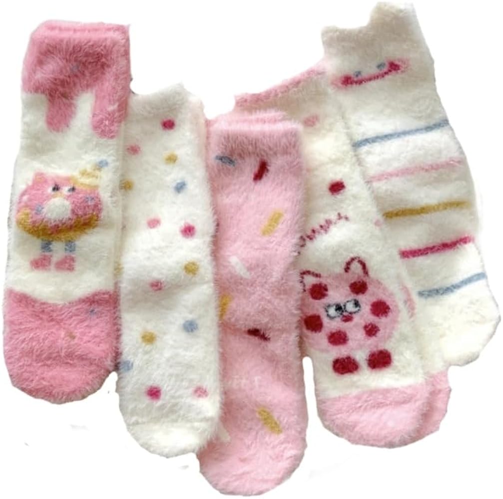 Womens Fuzzy Socks Cute Cozy Slipper Socks Pink Cartoon Winter Warm Home Sleeping Socks