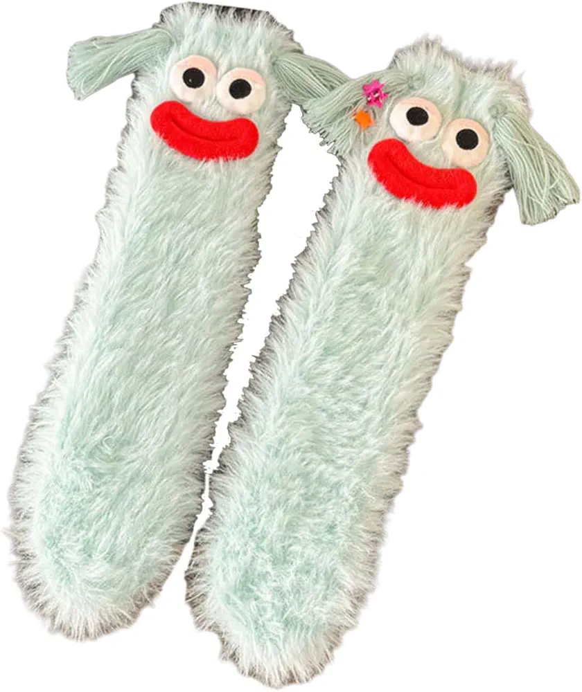 Women 3D Sausage Mouth Ugly Doll Furry Slipper Socks Bright Color Thicken Warm Thermal Fuzzy Home Sleeping Socks