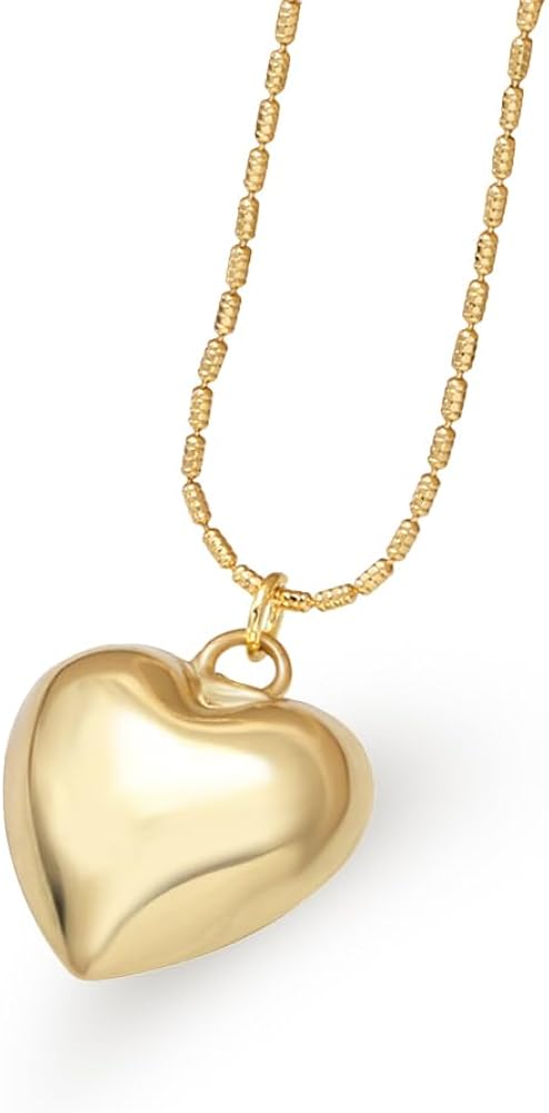 Puffy Puffed Heart Necklace – 14K Gold Plated Heart Chain with Charm, Hypoallergenic and Water-Resistant, Tarnish-Free Necklace, Elegant Chain Pendant Heart Necklace for Women