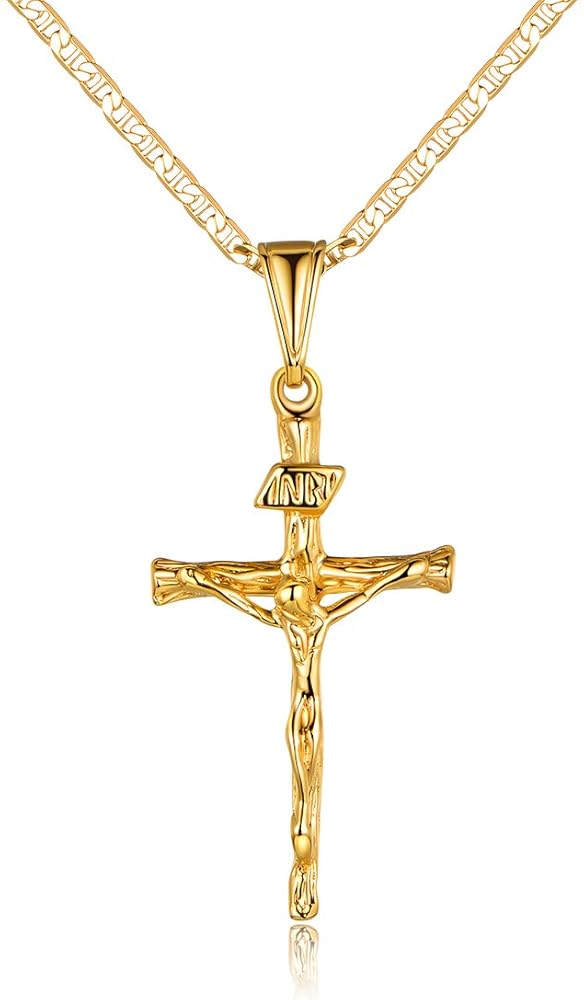 Barzel Cross Necklace for Women & Men 18K Gold Plated Flat Mariner/Marina 060 3MM Chain Necklace With Cross Pendant.
