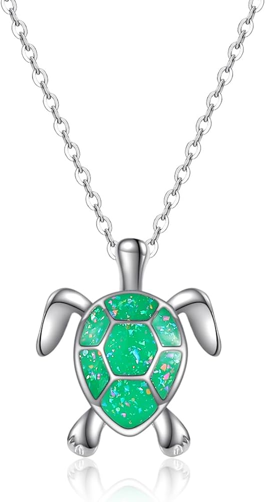 ATIMIGO Cute Sea Turtle Pendant Necklace Created Opal Necklace Silver Chain Animal Jewelry Gift for Women