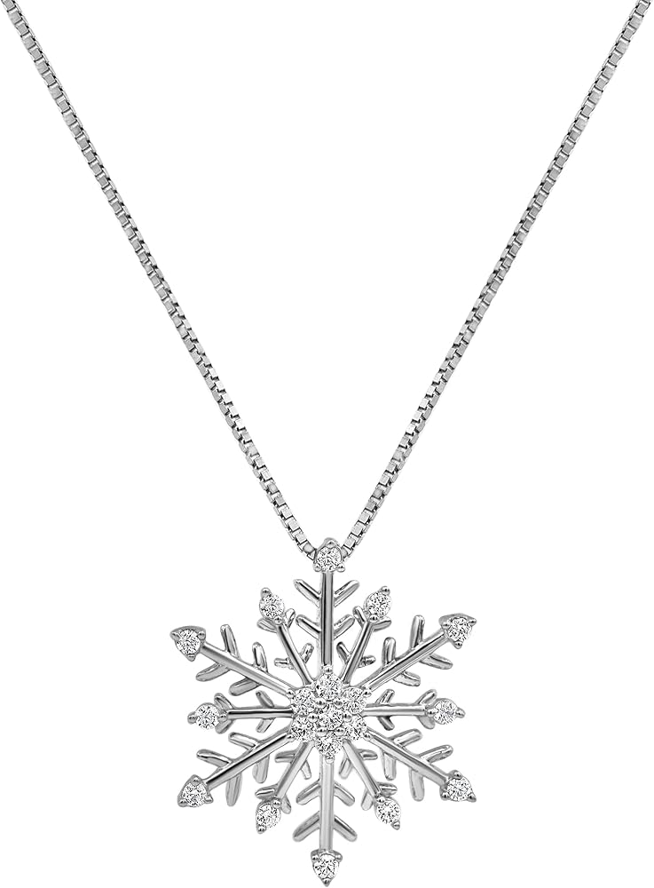 1/4 Carat Round Cut Natural Diamond Snowflake Pendant Necklace for Women (J-K, I3) | Sterling Silver Necklaces | Fine Jewelry for Her | Gift Box Included (14K Yellow & Pink Flash Plated)