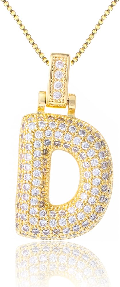 KELMALL Women's Rhinestone Bubble Initial Letter Alphabet Pendant Necklace, Trendy Gold Plated Cubic Zirconia Chunky Name Charm Necklace Personalised Gift- Jewelry Box Packed