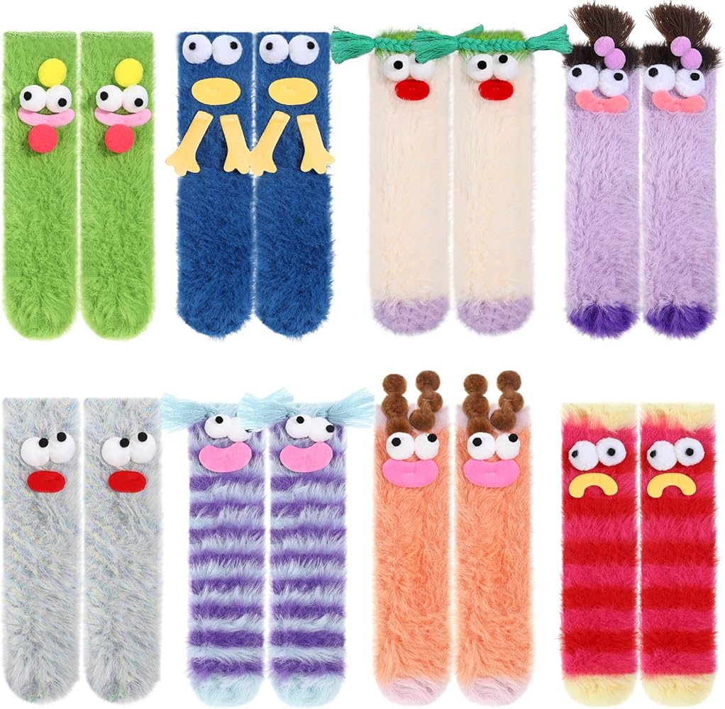 Cuffbow 8 Pair Coral Velvet Three Dimensional Quirky Socks Fuzzy Cozy Fluffy Cartoon Monster Socks Ugly Cute Plush Socks