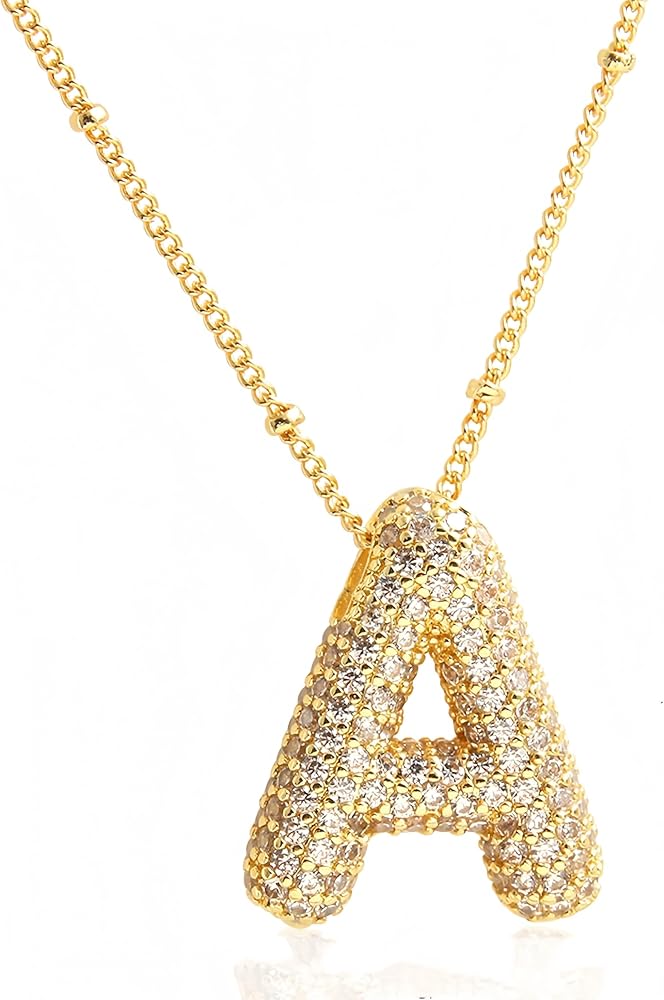 18k Bubble Letter Necklace Gold for Women, Rhinestone Gold A-Z Bubble Initial Necklace, Personalized Plated Letter Name Pendant Chunky Alphabet Necklace Birthday Jewelry Gifts