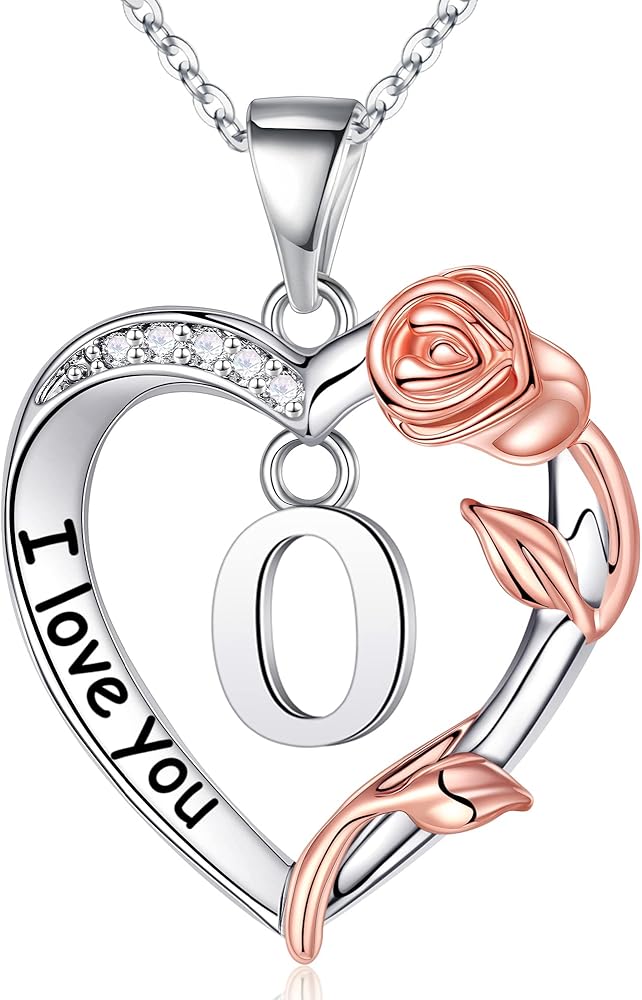 MONOZO Rose Heart Initial Necklaces Gifts for Women Trendy, I Love You Rose Love Heart Initial Letter Pendant Necklace Jewelry Mothers Day Anniversary Valentines Christmas Birthday Gifts for Women