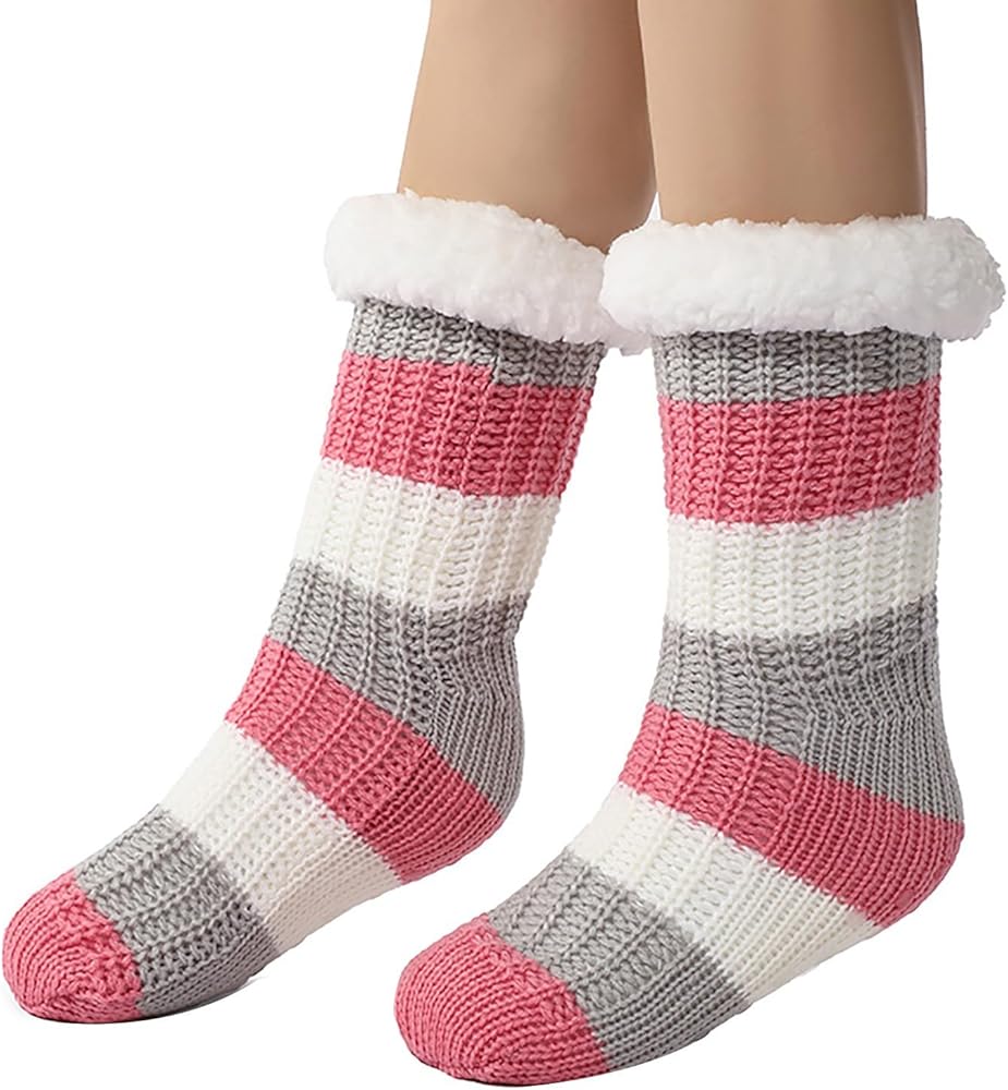 Slipper Socks for Women Teen Girls Cute Color Block Fleece Plush Mid Tube Sock Super Soft Sleeping Stockings
