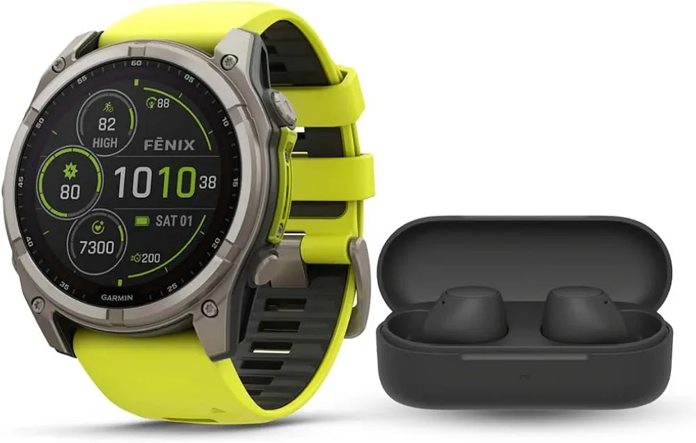 Garmin Fenix 8 Sapphire Solar 51mm GPS Smartwatch (Amp Yellow and Graphite) Bundle with Truly Wireless Earbuds (Black) (2 Items)