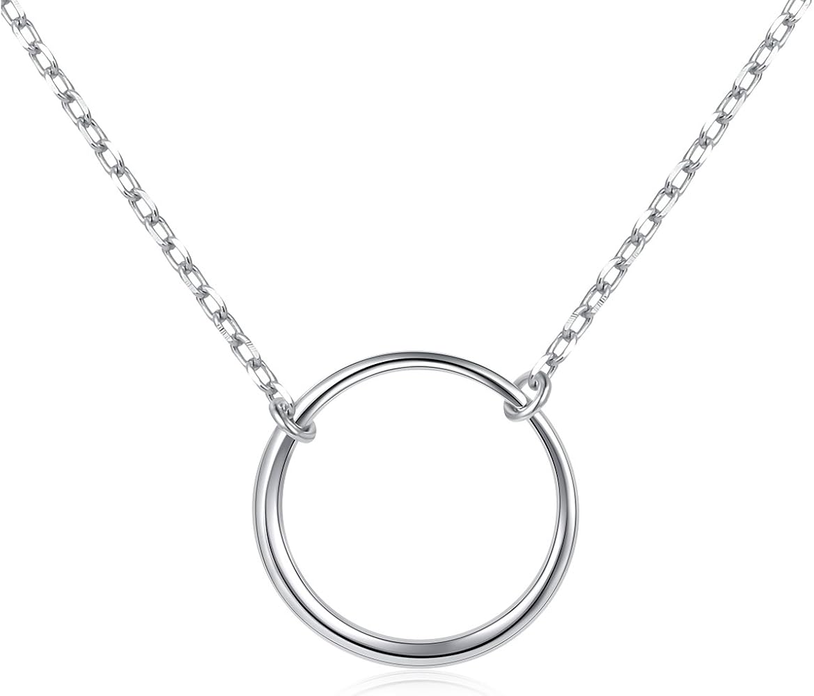 Ladytree S925 Sterling Silver Dainty Simple Circle Pendant Eternity Necklace,Rolo Chain,18+2