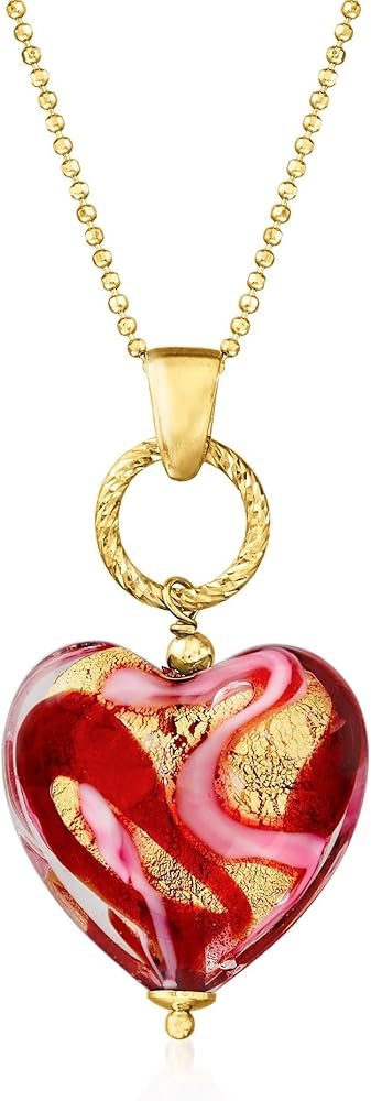 Ross-Simons Italian Red and Pink Murano Glass Heart Necklace in 18kt Gold Over Sterling. 18 inches