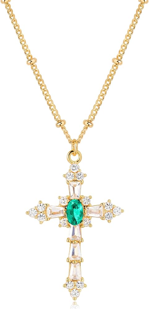 MTMY Green Pendant Necklace for Women 14K Gold Plated Simulated Emerald Cross/Cube/Clover/Flower Pendant Necklace Jewelry