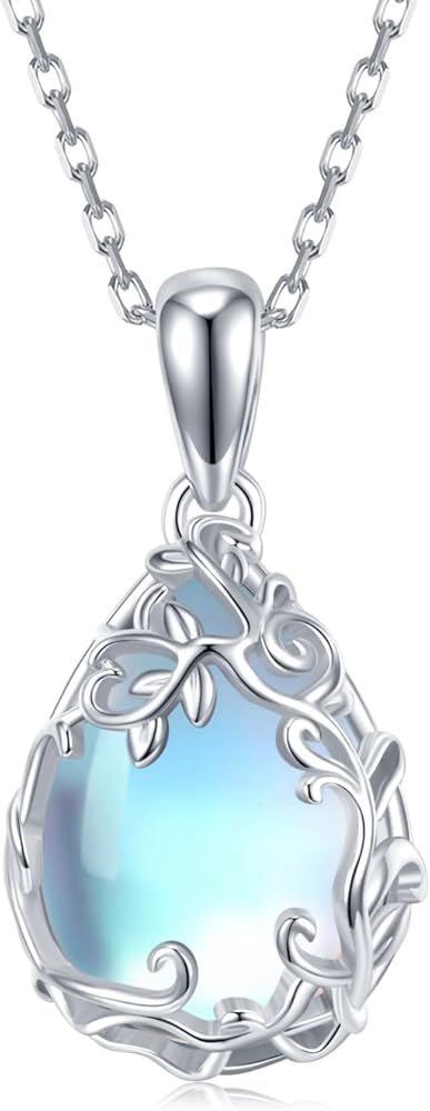 Teardrop Moonstone Necklace for Women,925 Sterling Silver Created Water-Shaped Moonstone Cage Filigree Necklaces,Anniversary Birthday Jewelry Gift for Women Mom