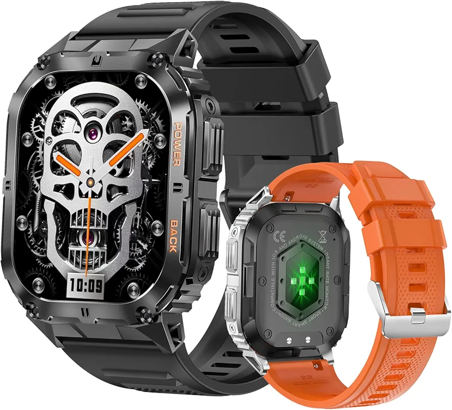 Military Smartwatch for Men with 2 Smartwatch Bands Bluetooth Calls for Android iOS, IP68 Waterproof Outdoor Fitness Tracker 1.96" AMOLED Screen- Black&Orange