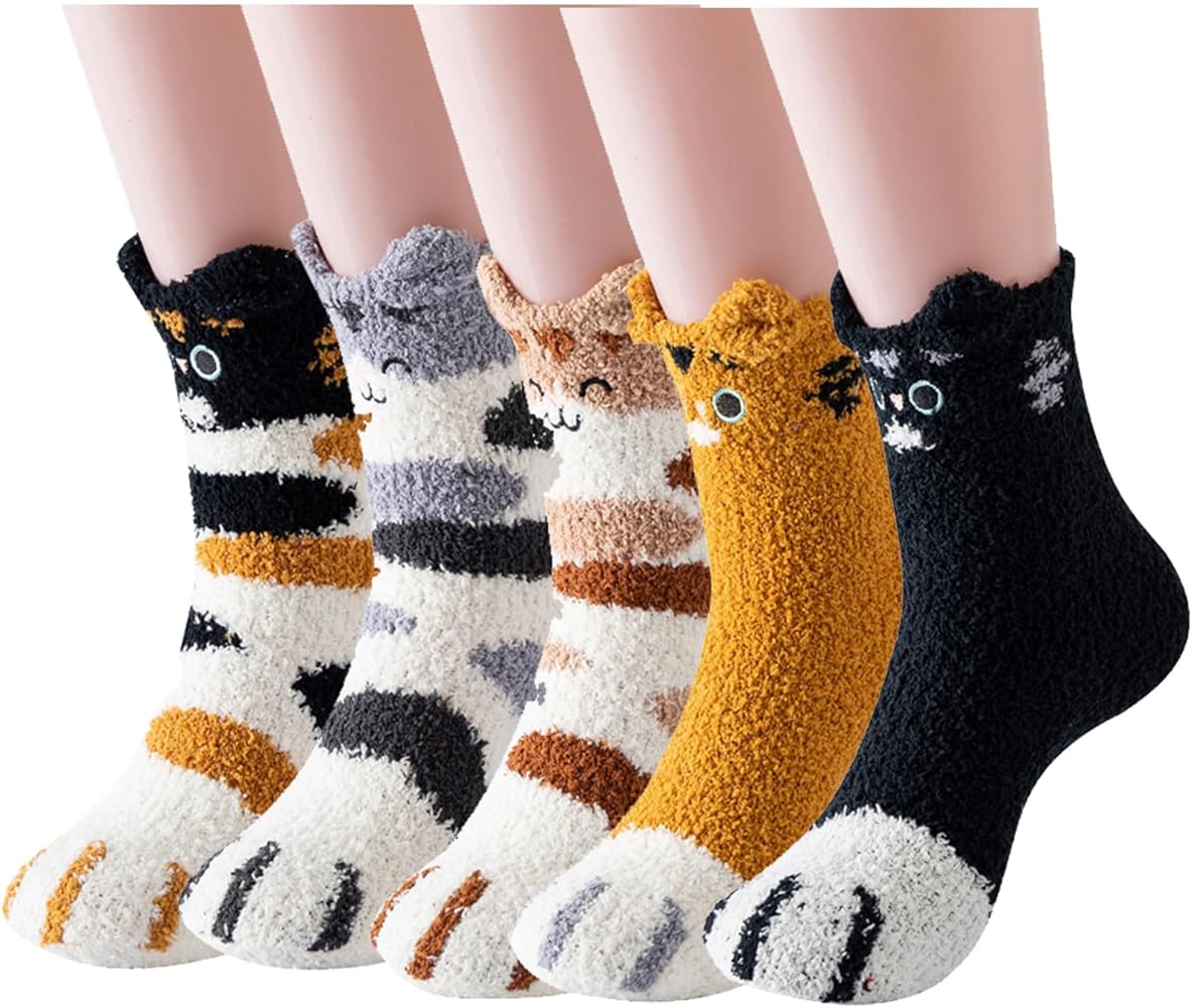 5 Pairs Women Fuzzy Socks, Cute Cat Paw Socks Cozy Fluffy Soft Cute Animal Slipper Socks Sleeping Socks Gift for Girls