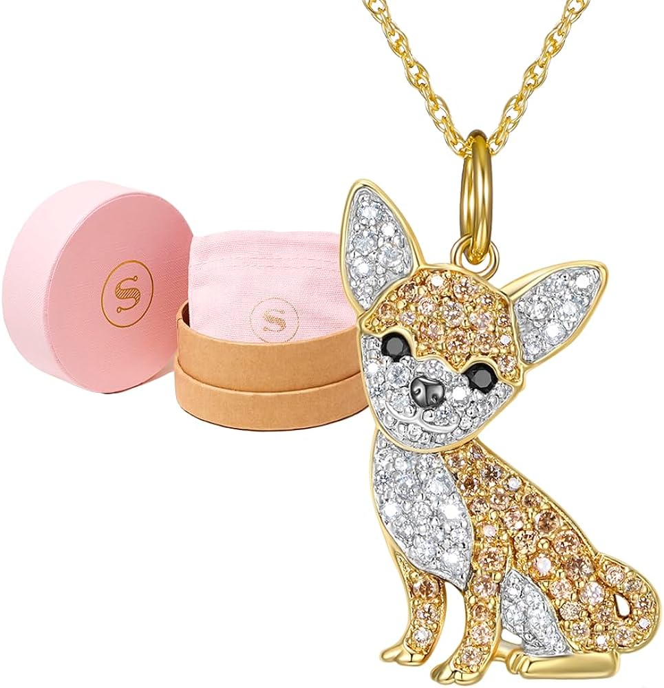SCAMPER & CO Dog Breed Cubic Zirconia Puppy Charm Pendant Necklace for Women - Genuine Gemstone, Premium Sterling Silver Gift for Dog Moms, 18K Yellow Gold or Rhodium Plating, 18 to 20 inch
