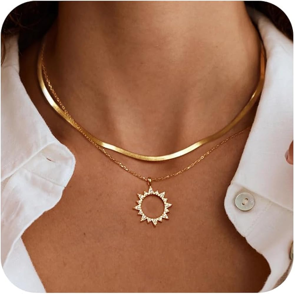 Layered Necklaces for Women,14K Gold/Silver Necklace Set Simple Layered Necklaces Herringbone Twisted Lip Chain Dainty Pendant Necklace Jewelry