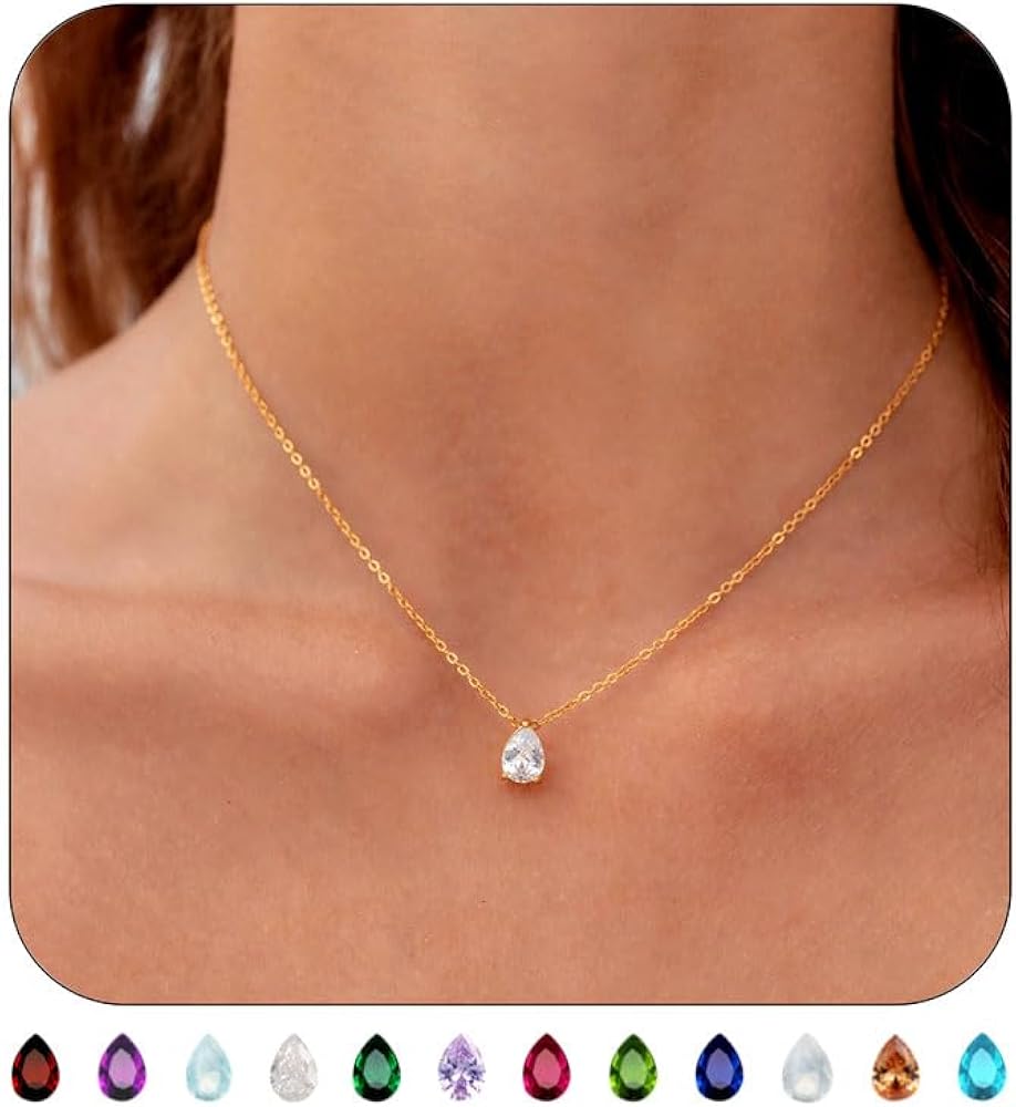 Gold Birthstone Necklace for Women Dainty 18K Gold Plated Diamond CZ Teardrop Pendant Necklace Simple Gold Necklaces for Women